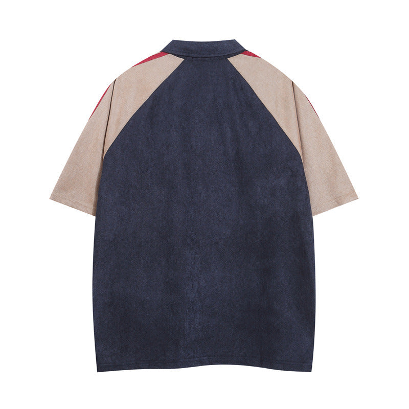US drip outfits summer vintage zip lapel embroidery casual loose short sleeve T-Shirts