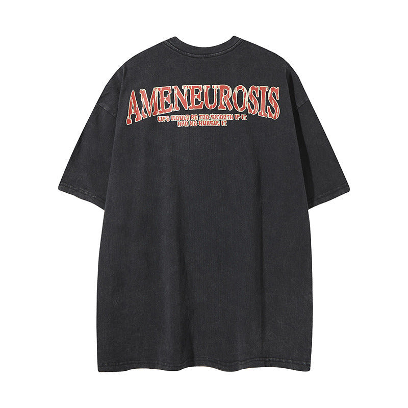 Distorted vintage washed old anime cartoon print short sleeve t-shirt summer loose casual top
