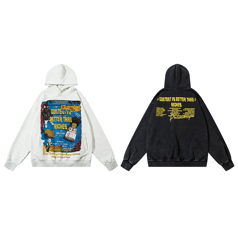 Streetwear Hoodie Vintage Washed Old Hooded Sweater Cartoon Cartoon Character Print Casual Hoodie