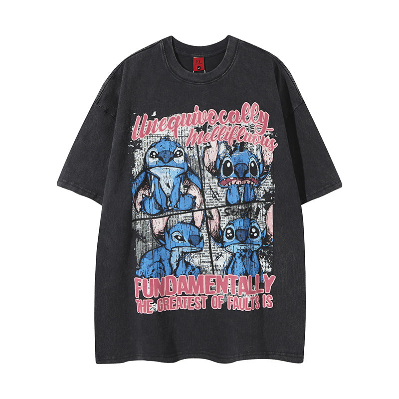 Hip Hop Clothes New York Vintage Washed Old Alphabet Embroidery Short Sleeve Loose Hip Hop T-Shirt