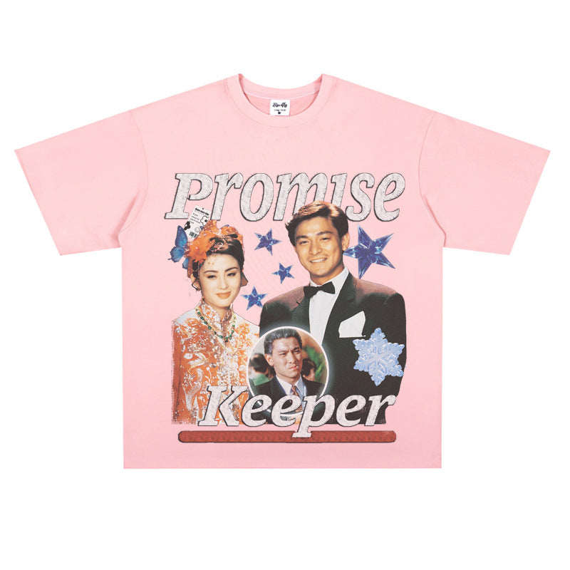 Film Star T Shirt Loose Heavy American Retro Street Cotton Personalized T-shirt for Men and Women