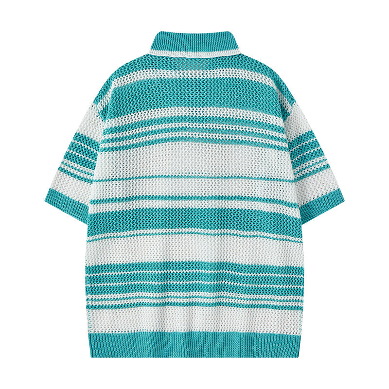 Nyc 1990 Shirt Casual Loose Knitted Sweater POLO Neck Lapel Hollow Stripe