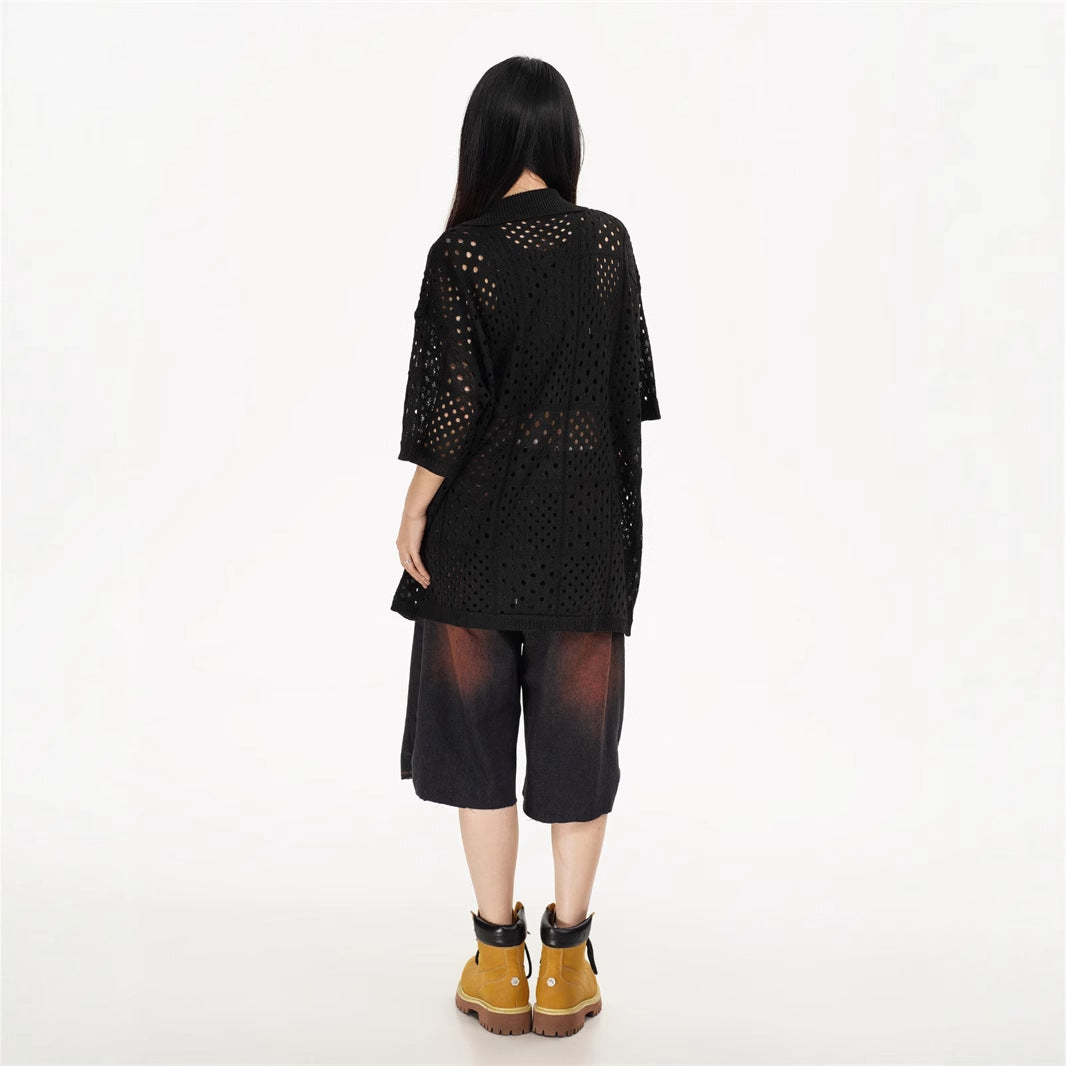 Camisas Retros Vintage Lapel Hollow Sweater Summer Loose Pullover Knitwear Short Sleeves