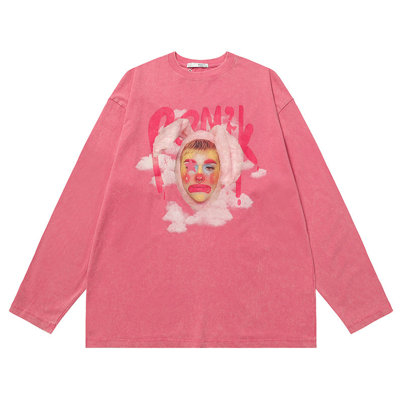 Vintage T Shirts Hip Hop Vintage Clown Washed Long Sleeve T-Shirt