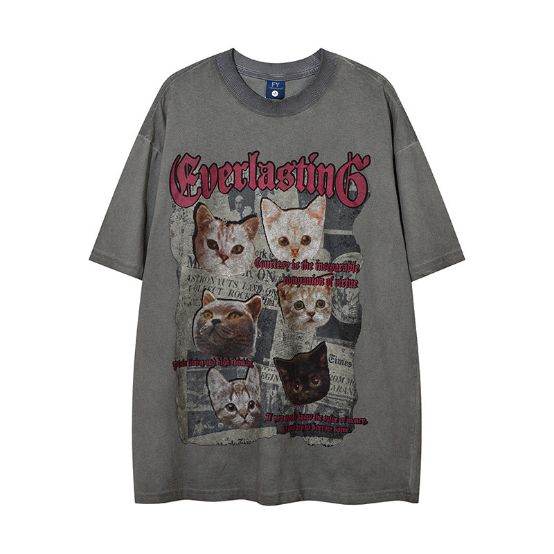 Vintage T Shirts Hip Hop Retro Pussy Washed Old Short Sleeve T-Shirt
