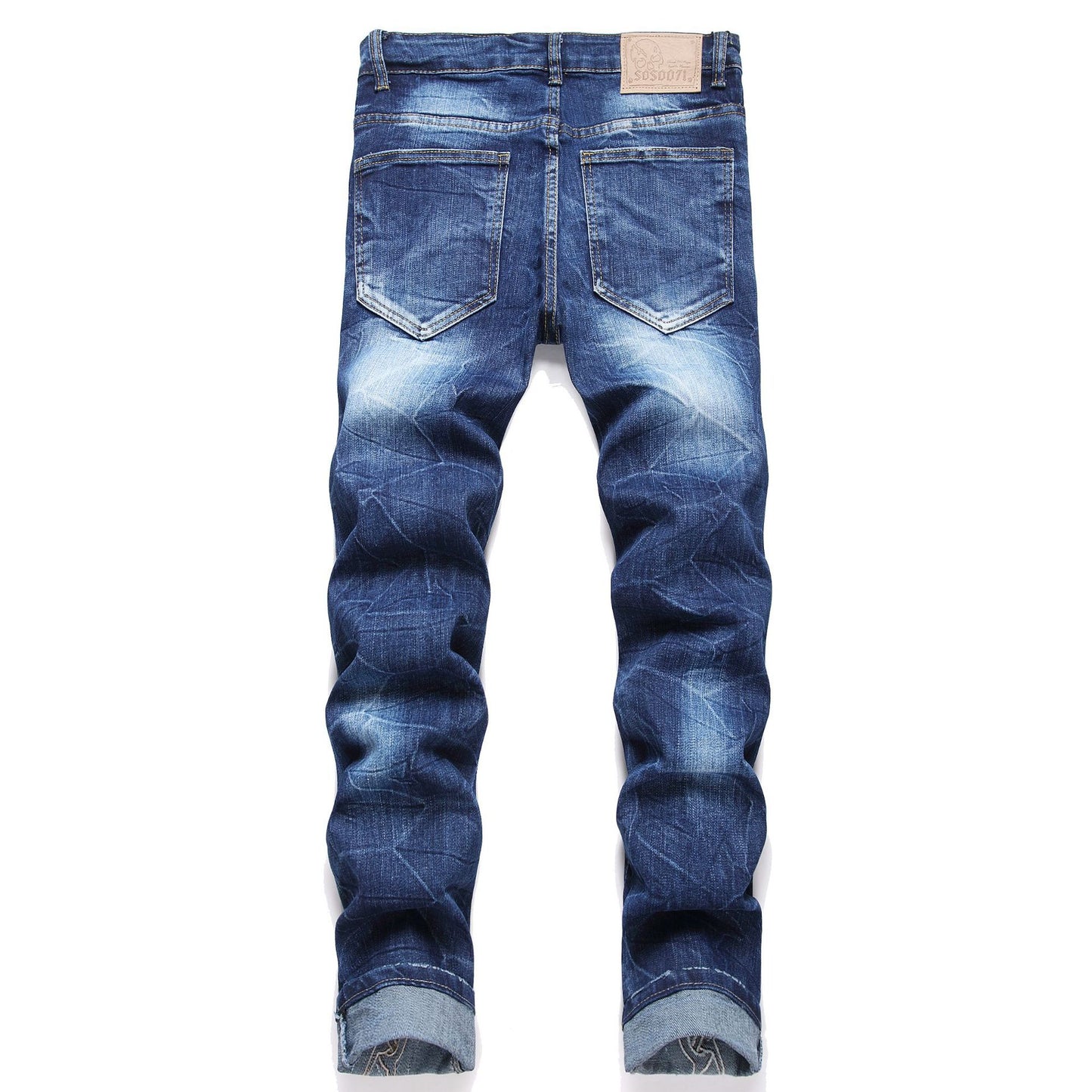1990 Fashion Jeans Blue Ripped Embroidered Straight Jeans
