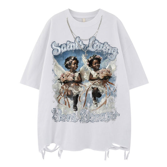 US drip outfits summer vintage angel kid print casual loose short sleeve T-Shirts