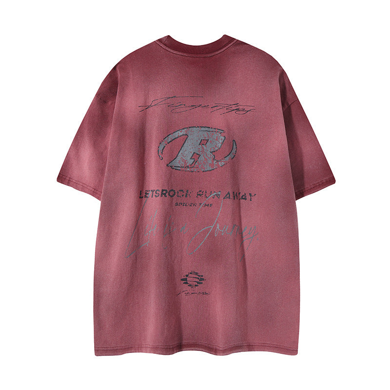 Camisas Retros wash gradual change print men's casual loose sports T-shirt