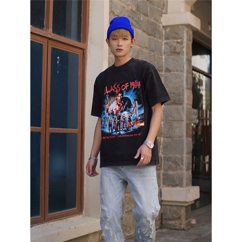 Film Star T Shirt Trendy Cotton Short Sleeve Loose American Retro T-shirt for Men and Women