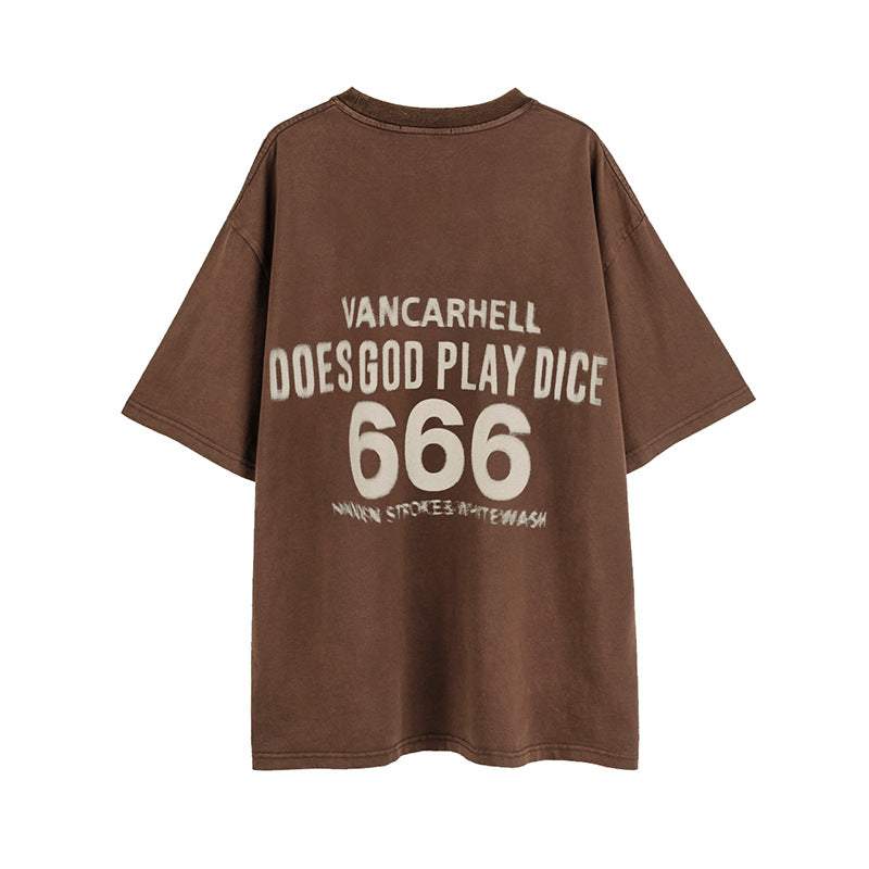 Vintage T Shirts Hip Hop Vintage Washed Dice Print Short Sleeve T-Shirt