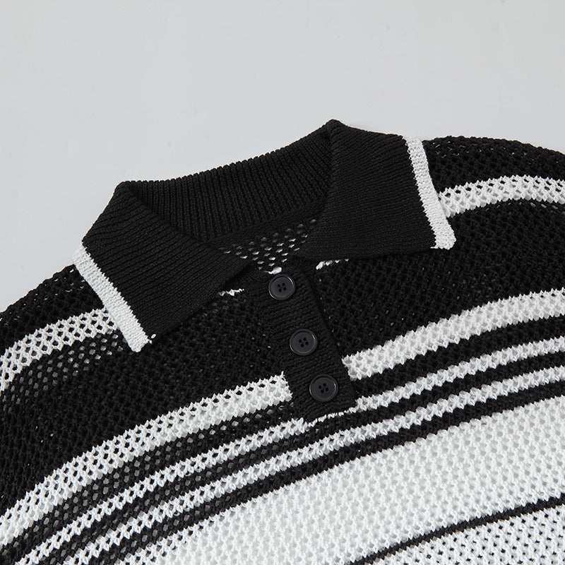 Camisas Retros Lapel Striped Contrast Knitted Vest