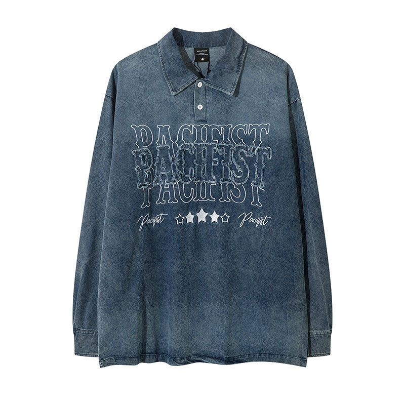 Marcas De Streetwear Washed Denim POLO Vintage Embroidered Lapel Sweater