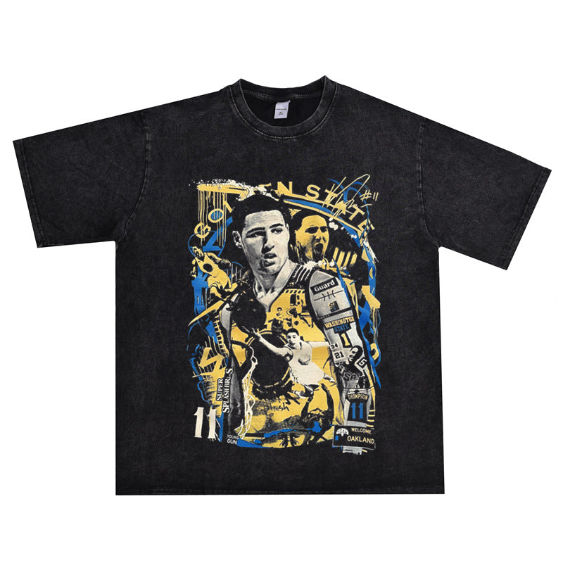 Film Star T Shirt Klaythompson Washed Distressed Printed American T-Shirt Retro Loose Short Sleeve