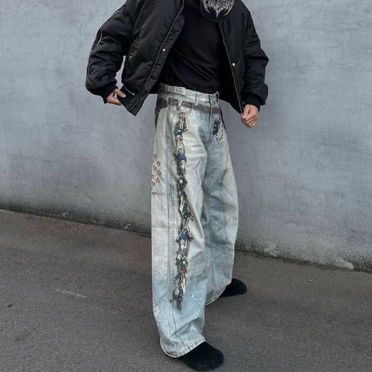 Rock Revival Jeans Key Chain Love Digital Printed Jeans Straight Wash Trousers