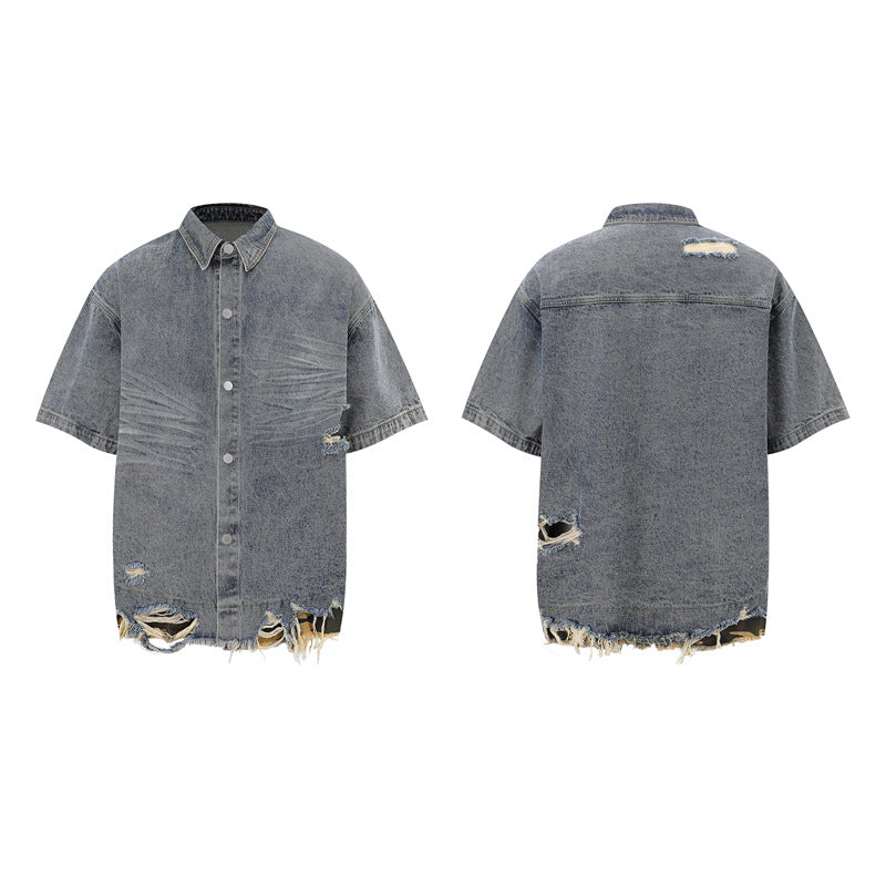 Stone Wash T shirt Leopard print denim short sleeve casual denim shorts