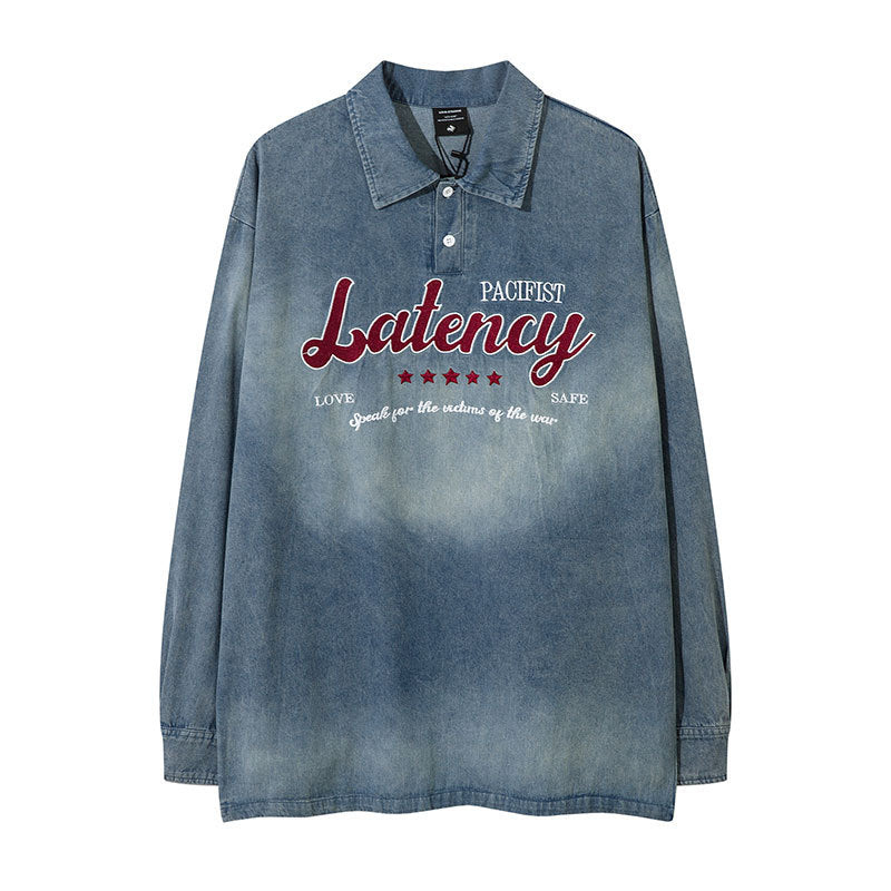 New York Hip Hop Style Washed Denim POLO Neck Long Sleeve T-Shirt Loose oversize