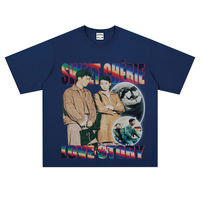 Film Star T Shirt Loose Heavy Retro Street Cotton Small Neckline T-shirt for Men and Women