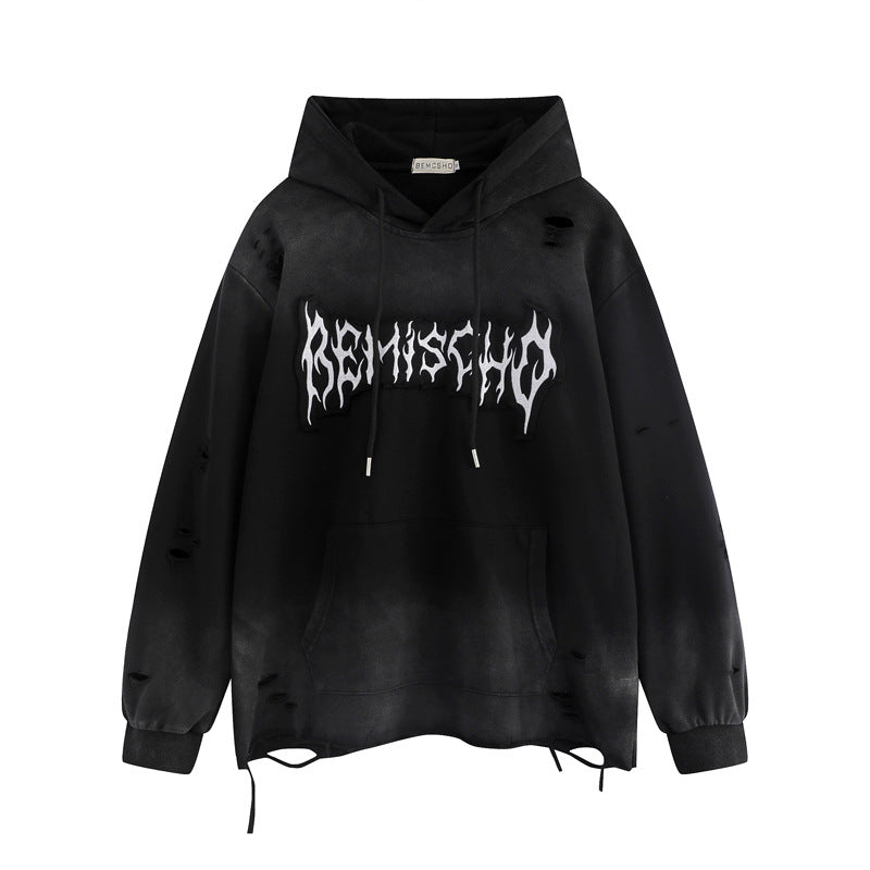 Streetwear Hoodie embroidery gradual change color hooded sweater vintage washed do old ripped hoodie