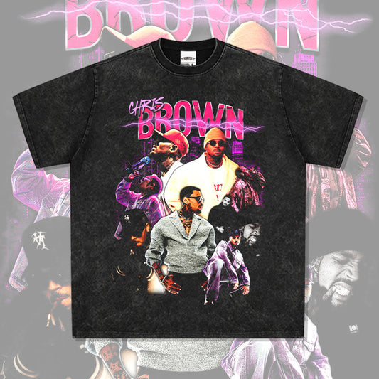 Streetwear masculino vintage hip hop breezy chris brown print short sleeve t-shirt