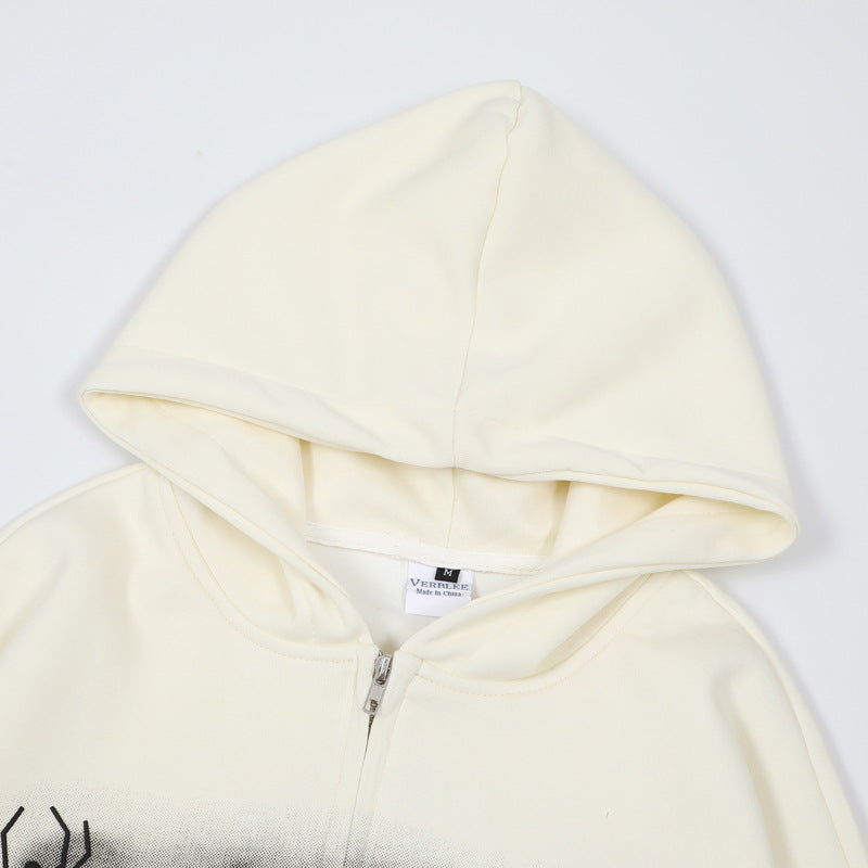 Streetwear Hoodie Vintage Spider Embroidered Hooded Sweater Loose Hip Hop Zip Cardigan Jacket