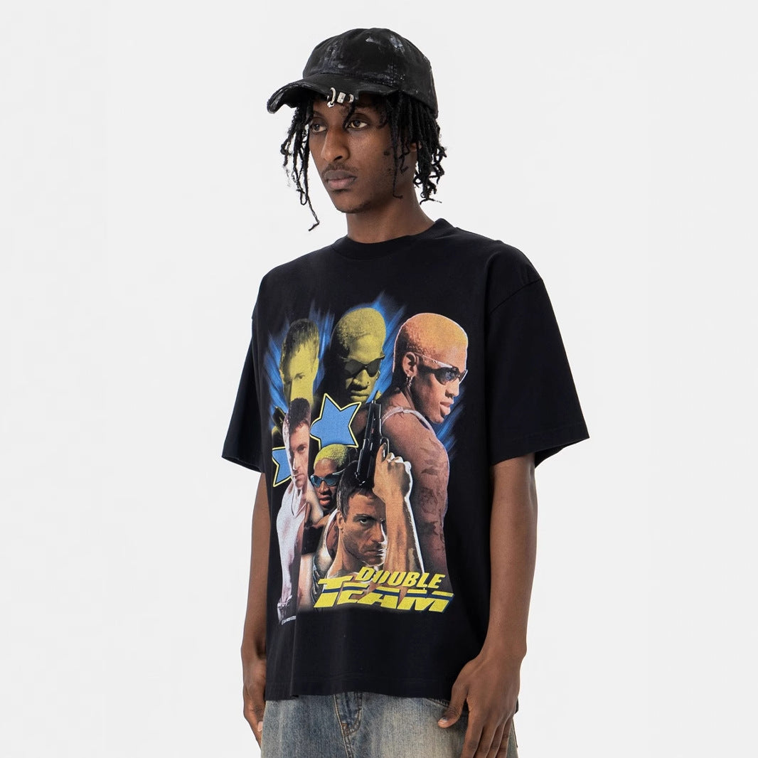 Vintage College Shirts Vintage Hip Hop Portrait Print Crew Neck Short Sleeve T-Shirt