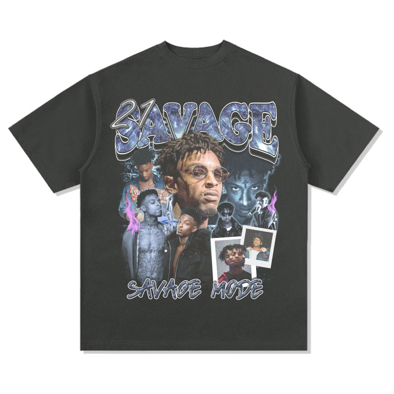 Streetwear masculino vintage hip hop 21 savage print short sleeve t-shirt