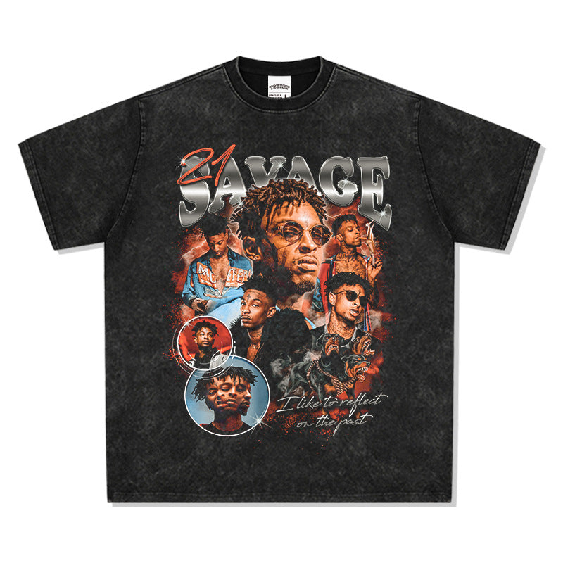 Streetwear masculino vintage 21 Savage print short sleeve hip hop t-shirt