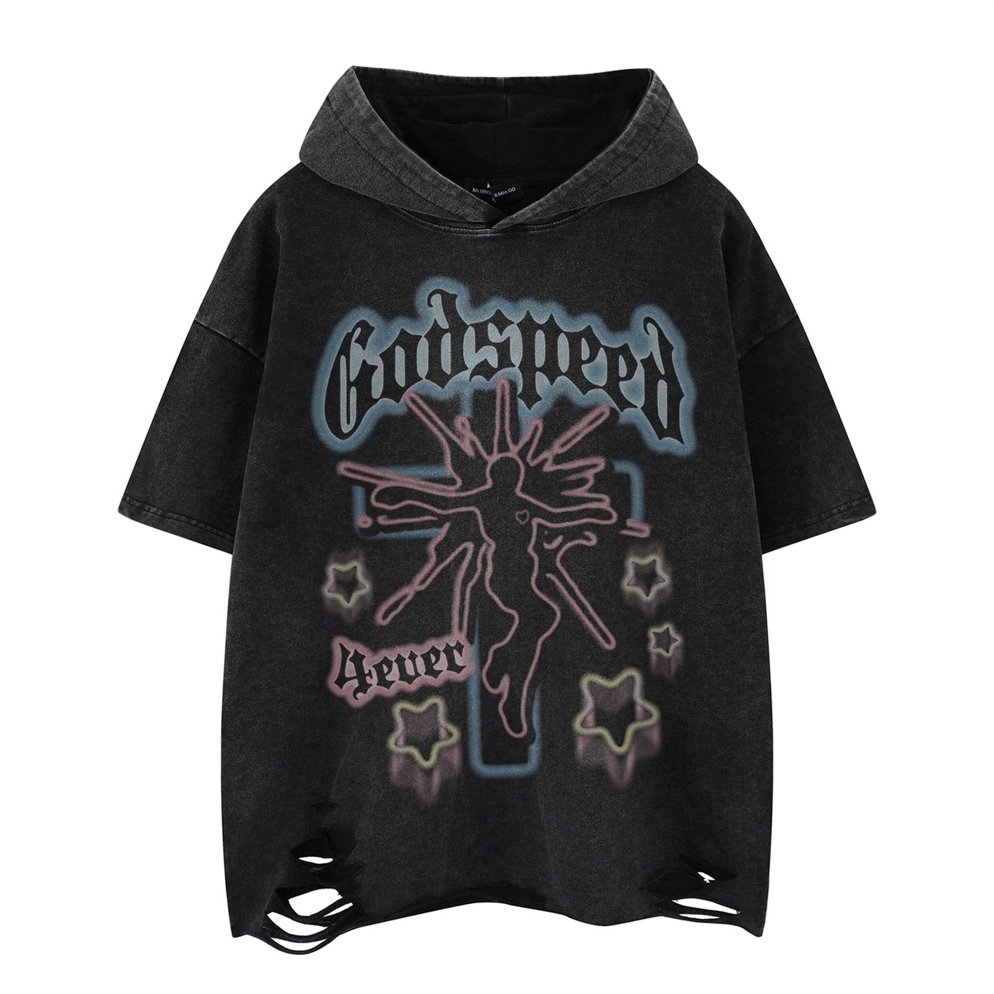 Distorted vintage made old hooded t-shirt loose short sleeve top summer