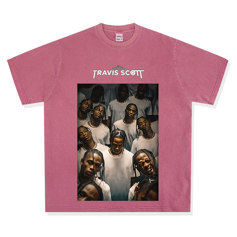 Streetwear masculino hip hop Travis scott rap character print washed do old loose short sleeve t-shirt