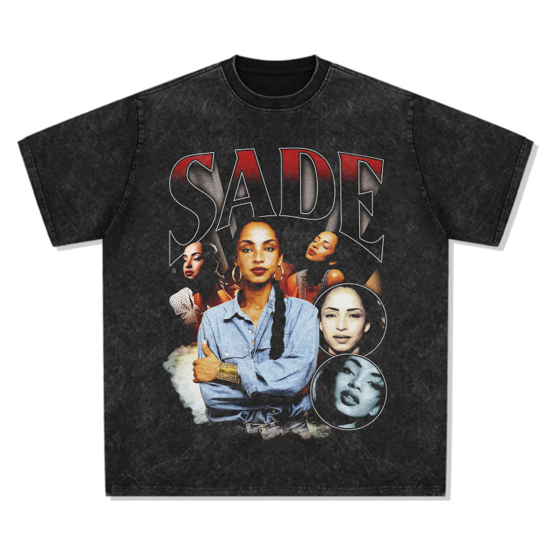 Streetwear Masculino Vintage Hip Hop SADE Printed Short Sleeve T-Shirt, Loose Vintage