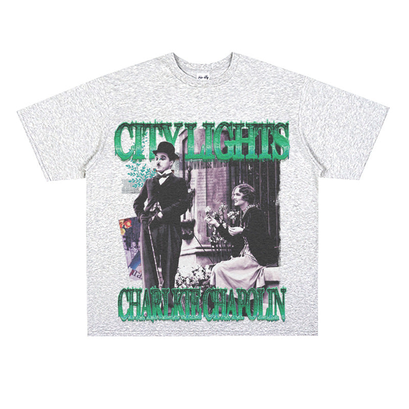 Film Star T Shirt Classic Movie Surrounding City Light Loose Retro Street Cotton T-shirt