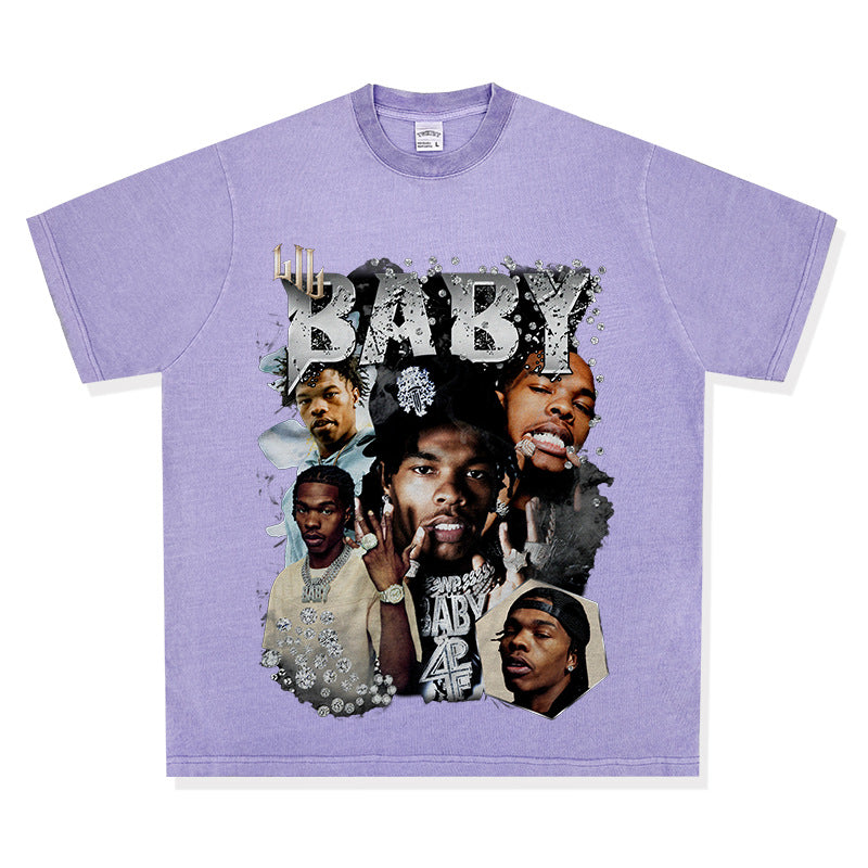 Cool t rapper retro hip hop Lil Baby print short sleeve t-shirt loose crew neck