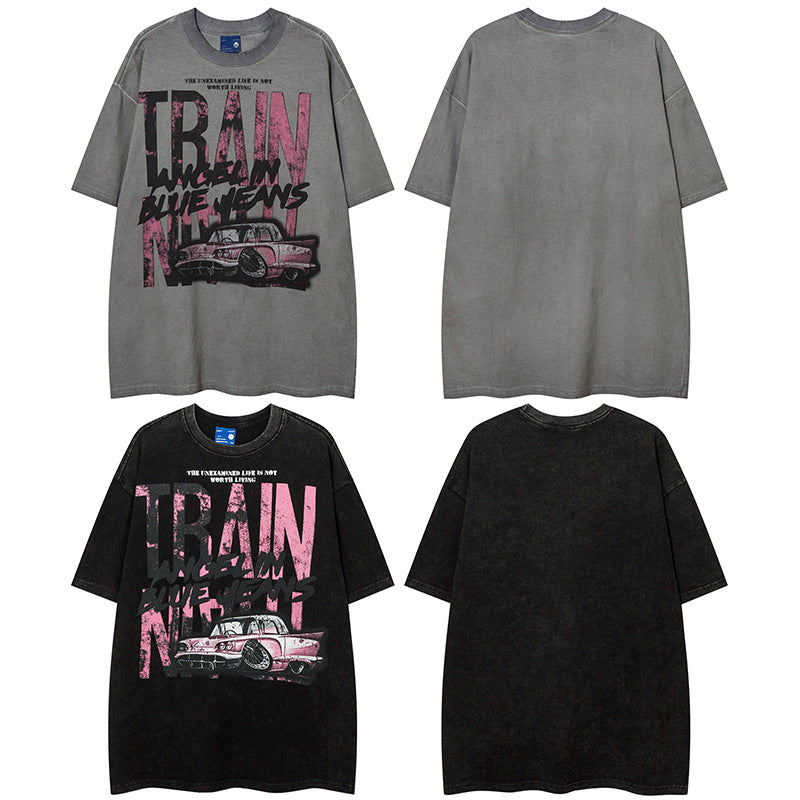 Vintage T Shirts Hip Hop Vintage Wash Do Old Graffiti Alphabet Short Sleeve T-Shirt