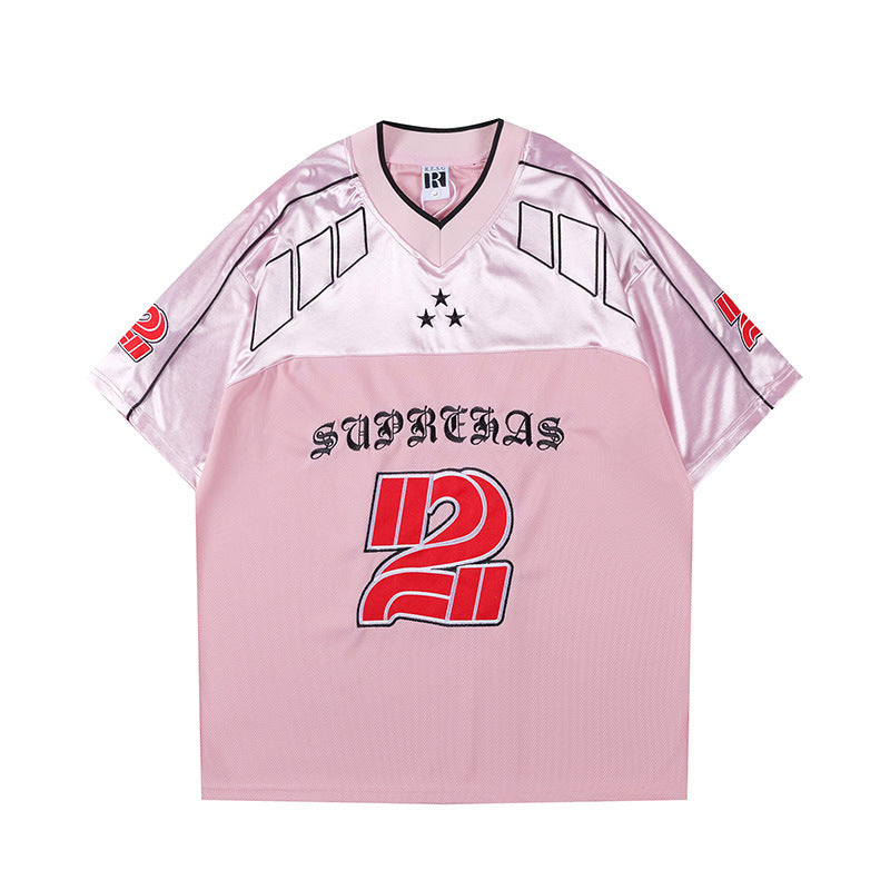 Racing oversized t shirt racing embroidered V-neck sports jersey short-sleeved t-shirt