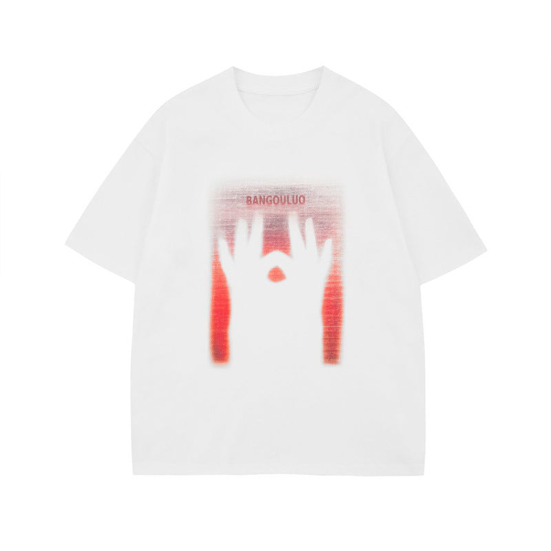 US drip outfits summer hand print round neck casual loose short sleeve T-Shirts