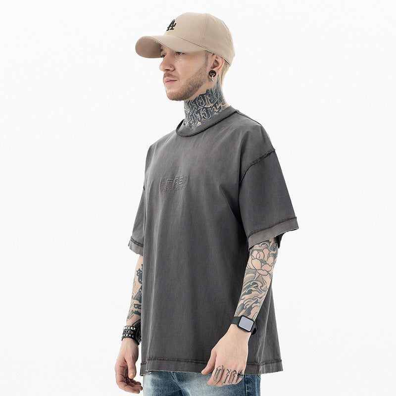 Vintage 90s Hip Hop Clothing Summer Embroidery gradual change water wash short sleeve T-shirt