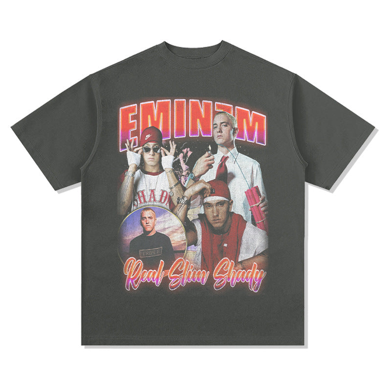Cool t rapper Eminem Printed Hip Hop Short Sleeve Vintage Wash T-Shirt