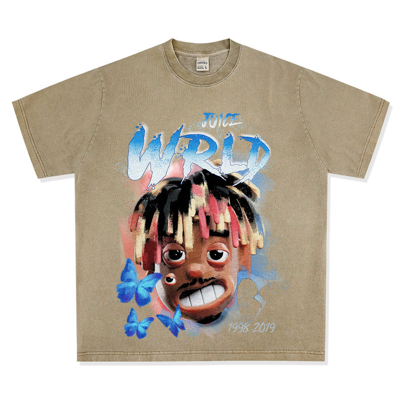 Cool t rapper rap Juice Wrld print hip hop short sleeve vintage loose
