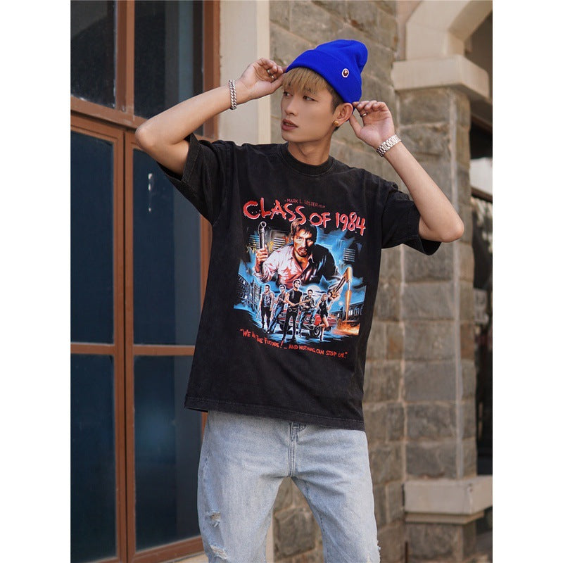 Film Star T Shirt Trendy Cotton Short Sleeve Loose American Retro T-shirt for Men and Women
