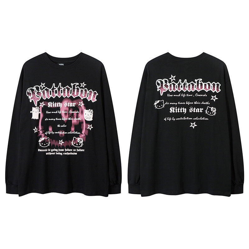 Marcas De Streetwear Vintage Cat Print Long Sleeve T-Shirt Loose Crew Neck Top