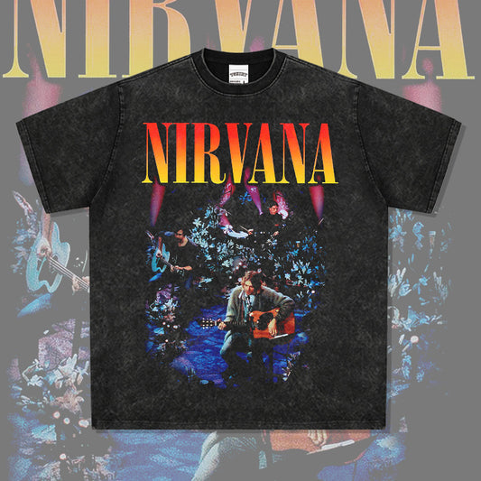 Cool t rapper Nirvana Band American T-Shirt Hip Hop Vintage Print Make Old Short Sleeve T-Shirt