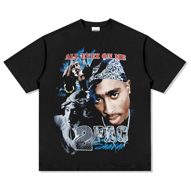 Streetwear masculino vintage hip hop rap tupac print short sleeve t-shirt