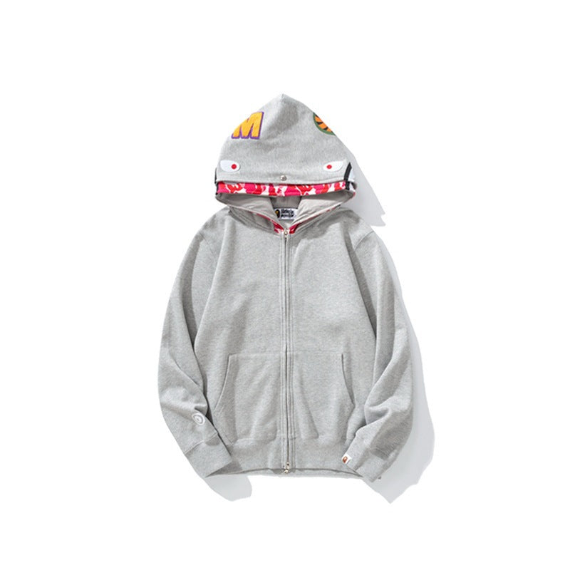 Ape Hoodie Shark Double Hat Embroidered Zip Sweater Casual Loose Hooded Jacket