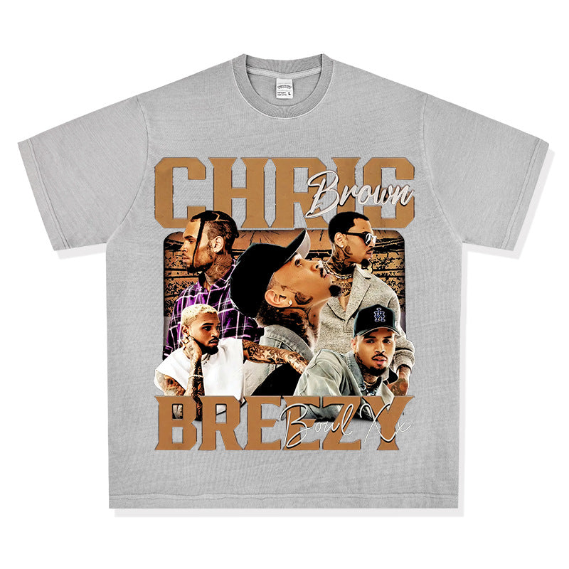 Streetwear masculino vintage hip hop Chris Brown print short-sleeved t-shirt