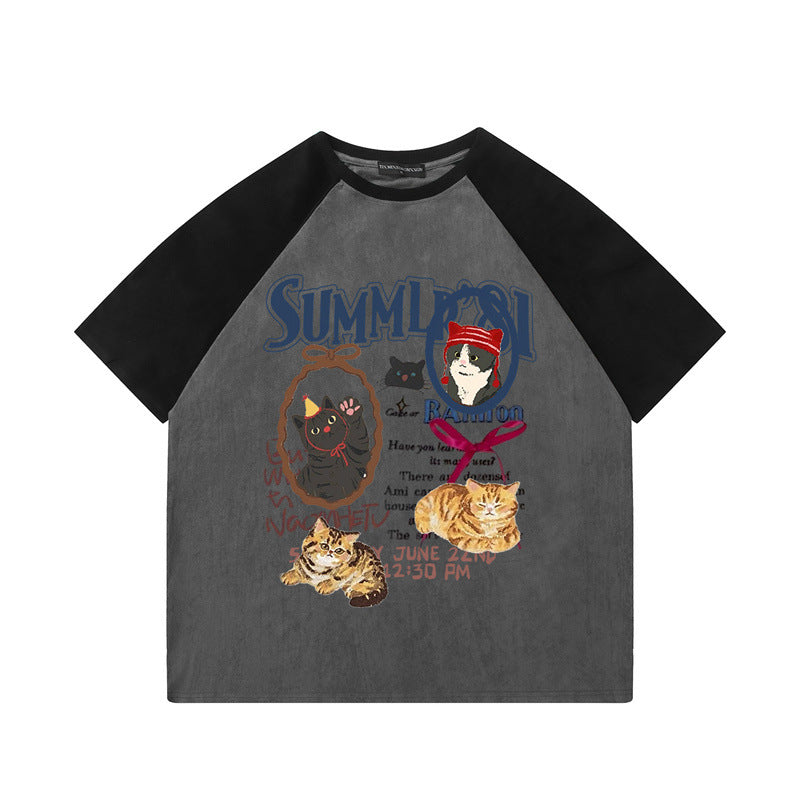 US drip outfits summer vintage alphabet pussy print casual loose short sleeve T-Shirts