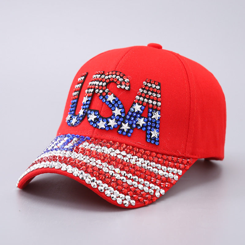 Vintage Usa Cap Baseball Cap Men's and Women's Rhinestone Curved Eaves