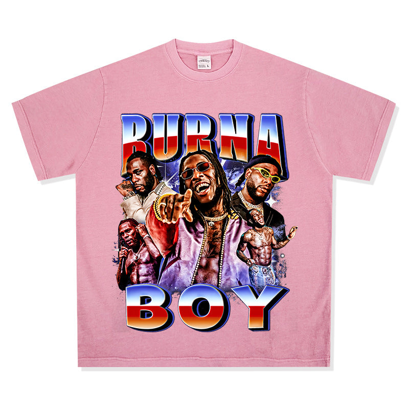 Streetwear masculino vintage hip hop Burna Boy print short sleeve t-shirt