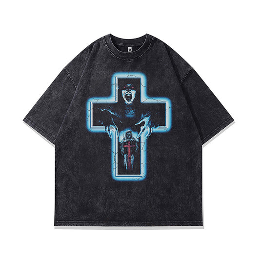Ropa Vintage Hombre Devil Print Wash Water Short Sleeve T-Shirt