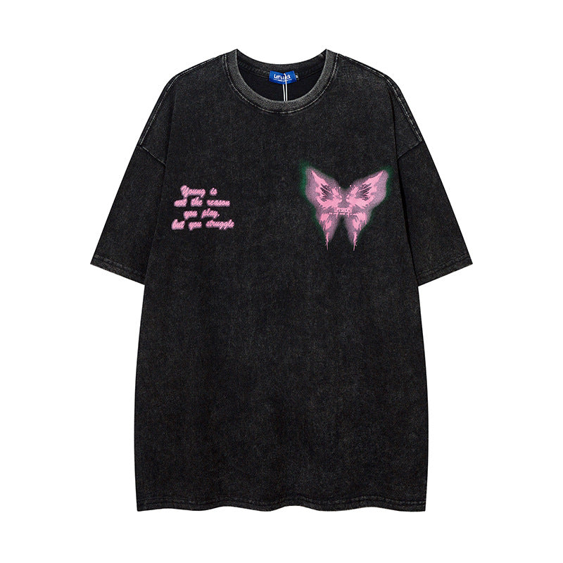 Vintage T Shirts Hip Hop Butterfly Print Short Sleeve T-Shirt