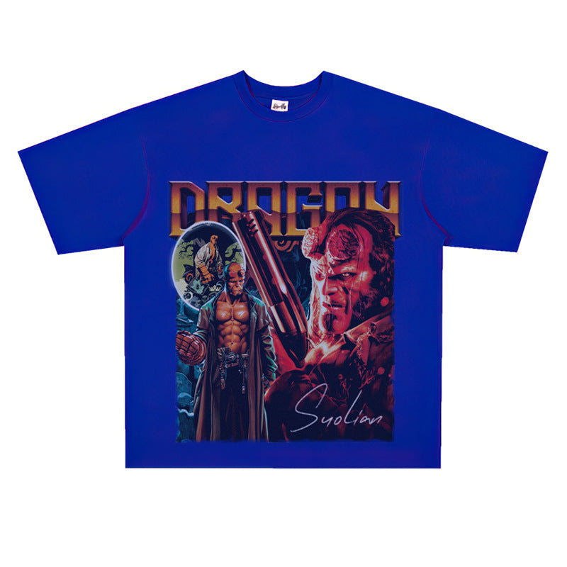 Film Star T Shirt Movie Hellboy Street Style Short Sleeve Loose American Print T-shirt Men and Women